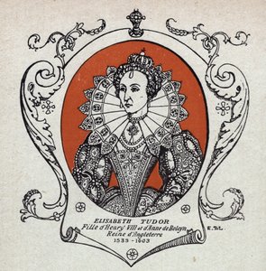 英格兰和爱尔兰女王伊丽莎白-伊雷尔或伊丽莎白-都铎（1533-1603 年）的肖像。1914 年的版画。私人收藏。 作者 未知艺术家