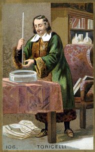 Evangelista Torricelli或Toricelli（1608 - 1647）的肖像，意大利物理学家，他发明了气压计（汞管）。19世纪的彩色石版画。 作者 未知艺术家