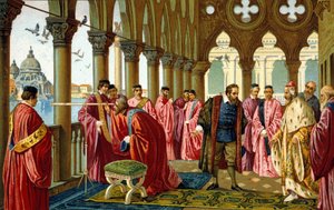 Galileo Galilei 的肖像 dit Galileo (1564 - 1642) 展示了总督在威尼斯公爵宫的远景。 作者 未知艺术家