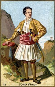 乔治-戈登-诺埃尔，第六代拜伦男爵，拜伦勋爵（1788 - 1824）的肖像，身着希腊服装。19世纪的彩色石版画。 作者 未知艺术家
