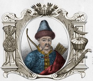 蒙古国君主帖木儿（Tamerlane）（1336-1405）的肖像--帖木儿（1336-1405）（或帖木儿郎，"跛脚的帖木儿"）1861年的雕版画 作者 未知艺术家