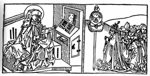 瑞典圣布里吉特的肖像（1103-1373）。 Voragine (1228-1298) 的 Jacobus (James) 的“Leben der Heiligen - sommsteil”（圣人之书）雕刻。 杜贝克 1488。 作者 未知艺术家
