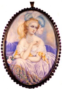 Castiglione 伯爵夫人的肖像（1837-1899）（弗吉尼亚·伊丽莎白·路易莎·卡洛塔·安东尼埃塔·特蕾莎·玛丽亚·奥尔多尼）。 象牙上的缩影。 . 作者 未知艺术家