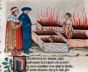 意大利诗人但丁·阿利吉耶里（Dante Alighieri）与异教徒中的维吉尔（Virgil）的肖像，饰演 Farinata degli Uberti（《神曲》中的地狱之歌 10）- 15 世纪的缩影 作者 未知艺术家