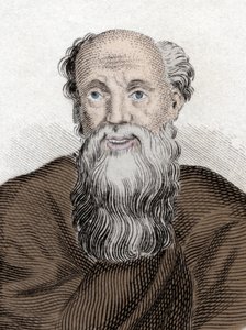 希腊哲学家德谟克利特 (Democritus) (460-370 Av JC) 的肖像，阿卜杜拉的德谟克利特。 19 世纪的雕刻。 作者 Unknown artist