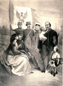 意大利爱国者和 Risorgimento Giuseppe Garibaldi (1807-1882) 英雄的肖像围绕着他的孩子 Menotti、Ricciotti 和 Teresita、Francesca Armosino 以及小曼利奥和克莱利亚。 1870 年左右的插图。私人收藏 作者 未知艺术家