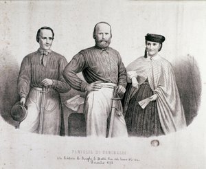 特雷西塔、他的女儿和他的妻子斯特凡诺·坎齐奥 (Stefano Canzio) 之间的 Risorgimento Giuseppe Garibaldi (1807-1882) 爱国者和英雄的肖像。 1862 年私人收藏的石版画 作者 未知艺术家