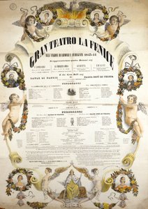 意大利作曲家朱塞佩-威尔第（1813-1901）的歌剧《阿依达》的演出海报，该剧于1843-1844年在威尼斯的La Fenice剧院演出。 作者 未知艺术家