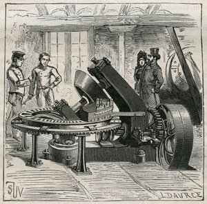 陶器。用于砖块机械成型的Fleury机器。1885年阿道夫-比塔尔在 "艺术与测量图解 "中的雕版画。 作者 未知艺术家