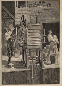 陶器：空心零件的机械成型。1885年阿道夫-比塔尔的 "艺术与测量图解 "中的雕版画。 作者 未知艺术家