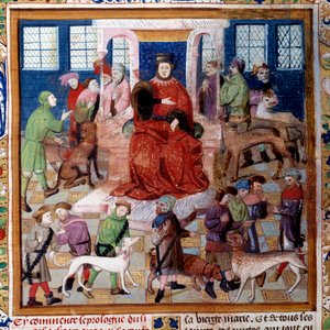 福伊斯伯爵、贝尔恩领主加斯顿三世福比斯 (1331-1391) 向福伊斯伯爵展示的“狩猎之书”中的狗 作者 未知艺术家