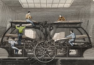 印刷机：巴黎 "Le Siecle "报纸的印刷机。1857年在 "Le Musee Des Sciences "中的雕版画 作者 未知艺术家