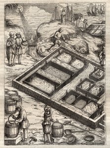 通过在盐池中蒸发海水来生产盐。摘自Georgius Agricola (Georg Bauer)的《De re metallica》。(Basel 1556) - 盐的生产：海水倒入大碗中蒸发后离开盐库。雕刻自乔治-阿格里科拉的 "De re metallica"。 作者 未知艺术家