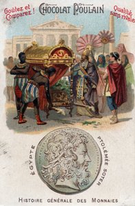 Ptolemee一世（公元前360-283年）Soter（救世主）让亚历山大大帝下葬。在《钱币通史》中。19世纪末的巧克力泡沫色板画。私人收藏。 作者 未知艺术家