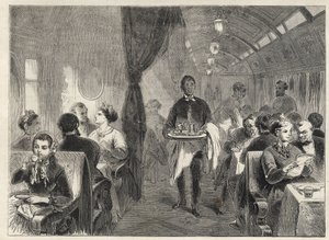 1869年太平洋铁路的普尔曼餐车--太平洋铁路上的马车旅馆内--。 作者 未知艺术家