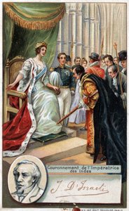 在本杰明-迪斯雷利（1804-1881）英国作家和政治家的支持下，英国女王维多利亚于1877年加冕为印度王储。19世纪的彩色石版画。 作者 未知艺术家
