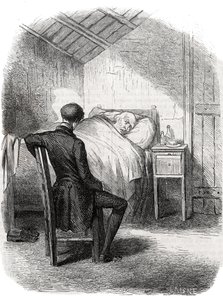 拉斯蒂纳克独自留在老人身边，坐在床脚......19世纪中期的版画。为Honore de Balzac (1799-1850)的 "父亲Goriot "提供插图。 作者 未知艺术家