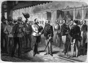 1873年奥地利皇帝弗朗索瓦-约瑟夫一世（Francois-Joseph）（1830-1916）在维也纳接见意大利国王维托里奥-埃马努埃莱二世（Victor Emmanuel）（Victor Emmanuel）（1820-1878）。"图说宇宙 "中的雕版画 作者 未知艺术家