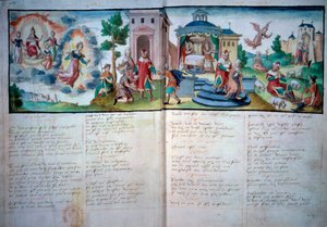 宗教戏剧：1547年在瓦朗谢纳上演的《受难与复活》。带水彩的手稿页，巴黎，B.N. 作者 未知艺术家