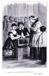 伦佐和露西亚的婚礼。 亚历山德罗·曼佐尼（Alessandro Manzoni，1785-1873 年）的“未婚夫”（I promessi Sposi）雕刻 作者 未知艺术家