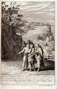 古希腊哲学家苏格拉底的弟子阿里斯提普斯（公元前435-356年）的形象，他在遇难后被扔到罗得岛的海岸，发现了沙地上的几何痕迹。雕刻自欧几里德的《元素》第十五册。1591 作者 未知艺术家