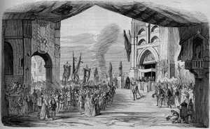 1867年3月11日，朱塞佩-威尔第在巴黎歌剧院演出的五幕歌剧《唐卡洛》（Don Carlos）。第3幕的车达夫，康邦和蒂埃里的装饰。1867年的雕版画。 作者 未知艺术家
