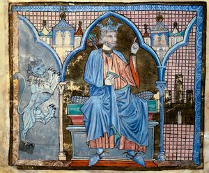 卡斯蒂利亚国王斐迪南三世或圣斐迪南 (1199-1252) 的代表图，取自手稿“皇室特权索引””fol。 66 诉 13 世纪 Santiago de Compostela (Santiago de Compostela) (Santiago de Compostela)， 作者 未知艺术家