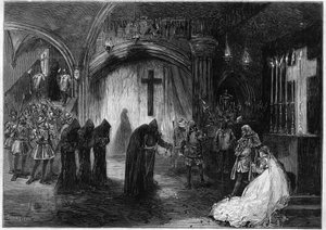 1873年维克多-雨果在巴黎圣马丁门剧院（Saint-Martin）用三天时间和散文表现 "玛丽-都铎 "的戏剧。 作者 未知艺术家