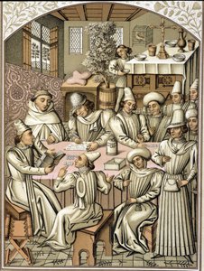 Representation of civil servants in the 14th century. chromolithographfrom the book of accounts of the confraternity “Dio e Nostra Signora”” 作者 未知艺术家