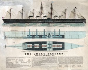 代表英国船舶大东方，第一艘巨型班轮，于 1858 年落成，由伊桑巴德王国布鲁内尔设计 - 伊桑巴德王国布鲁内尔设计的大东方铁帆船 - 作者 未知艺术家