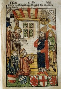 康斯坦茨会议（1414-1418）的代表，由皇帝西吉斯蒙德一世和反教皇约翰二十三世召集。他结束了西方大分裂的局面。1414年的微型画。巴黎。波兰图书馆 作者 未知艺术家