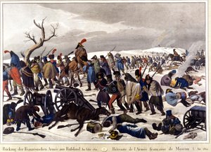 1812年从莫斯科的法国军队中撤回。雕版画 19世纪。 作者 未知艺术家