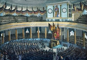 1848-1849年的革命。在美因河畔法兰克福的圣保罗教堂举行的德国国民议会--彩色木刻版画