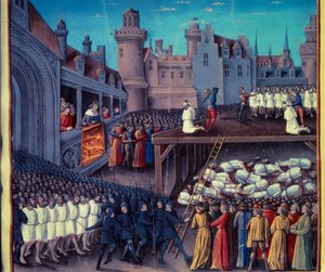 理查狮心 (1157-1199) 在 1191 年的第三次十字军东征中逮捕了土耳其（穆斯林）囚犯。塞巴斯蒂安·马梅罗 (Sebastien Mamerot) 手稿的缩影 作者 未知艺术家