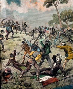 Risorgimento：“”意大利革命家 Carlo Pisacane（1818-1857）于 1857 年 6 月 28 日在萨普里被农民袭击””雕刻私人收藏 作者 未知艺术家