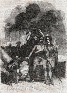 罗多蒙放弃巴黎--1851年的雕刻，出自卢多维科-阿里奥斯托的 "Roland furieux"（Orlando furioso）（16世纪），被称为阿里奥斯塔--由特雷桑伯爵从意大利语翻译的版本，1851年由古斯塔夫-哈佛出版。 作者 未知艺术家