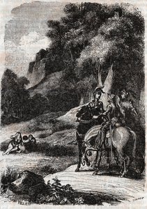 罗杰（Ruggero，Ruggiero）、玛菲莎（Marphise）和三个女人--1851年的雕刻，出自路多维科-阿里奥斯托（Ludovico Ariosto）的《罗兰-弗里欧斯》（Orlando furioso）（16世纪），称为阿里奥斯托--由特雷桑伯爵从意大利语翻译的版本，并由其出版。 作者 未知艺术家