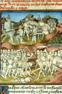 罗兰之死。 查理曼派他的骑士去战斗； 骑士 Roland 在 Roncesvaux 战役中被杀 (778) - 中世纪的缩影 (ref. 512 作者 未知艺术家