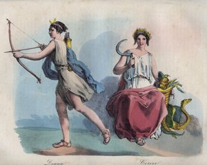 罗马神话--狩猎女神戴安娜（Diane）和农业女神瑟雷斯--来自《Usi e Costumi di Tutti i Popoli dell Universo》的雕版。从最早的时代到现在，所有国家的政府、法律、民兵、宗教的历史。 作者 未知艺术家