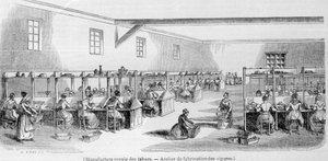 Royal Tobacco Manufacture：雪茄制造车间。 19 世纪雕刻。 作者 未知艺术家