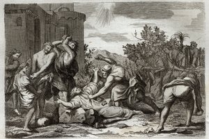 罗亚蒙圣经，新约。圣司提反，第一位基督教殉道者，死于石刑。1811年的插图。 作者 未知艺术家