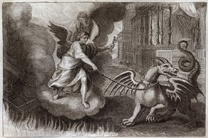 罗亚蒙圣经，新约。龙的锁链。启示录中的龙，是魔鬼的象征，被一个手持钥匙的天使锁住。1811年的插图。 作者 未知艺术家