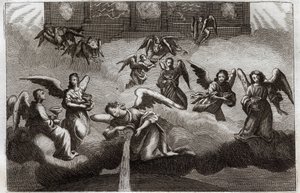 罗亚蒙圣经，新约。启示录》的龙。七个天使将象征上帝愤怒的杯子里的东西倒在地上。1811年的插图。 作者 未知艺术家