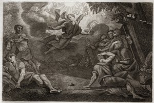 罗亚蒙圣经，新约。牧师们在克里奇。一位天使向牧师们宣布耶稣基督的诞生（向牧羊人报喜）。1811年的插图。 作者 未知艺术家