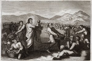 罗亚蒙圣经，新约。传播饼。耶稣基督传了五个饼，喂饱了五千人。1811年的插图。 作者 未知艺术家
