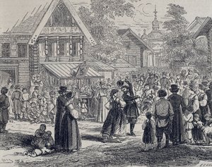 俄罗斯（19 世纪）。村庄里的聚会。1879 年（雕刻） 作者 未知艺术家
