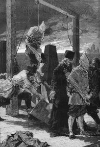 俄罗斯，圣彼得堡：1880年11月16日，两名虚无主义者克维亚特科夫斯基和普雷斯尼亚科夫在圣彼得和保罗要塞的圣约翰走廊被处决。他们是1879年袭击冬宫的肇事者。 作者 未知艺术家