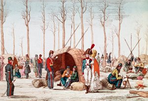 1814 年 3 月 31 日在法国巴黎香榭丽舍大街露营的俄罗斯士兵（版画） 作者 未知艺术家
