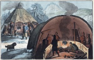拉普兰地区帐篷里的萨米人家庭--拉普兰人小屋的内部，一家人围着火堆--来自《Usi e Costumi di Tutti i Popoli dell