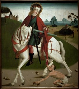 圣马丁和乞丐。 他剪下外套送给一个乞丐。 匿名绘画，大约 1490 年。匈牙利布达佩斯 Magyar Nemzeti Galleria。 作者 未知艺术家